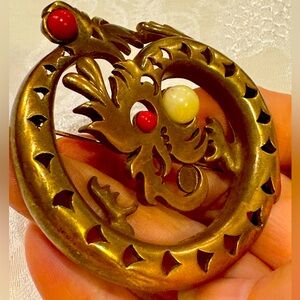 Vintage Dragon Brooch with Red and Off-White Cabochons